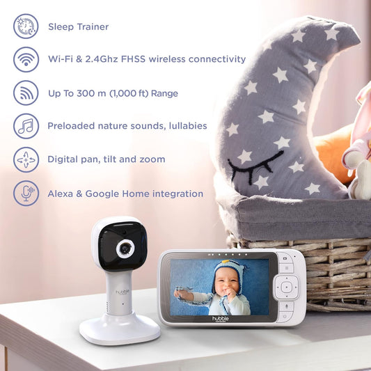 Hubble Connected Nursery Pal Skyview Smart Video Baby Monitor Câmera Wi-Fi com tela de 5 ", suporte para berço, luz noturna de 7 cores, visão noturna, conversação bidirecional, sensor de temperatura ambiente e aplicativo para smartphone