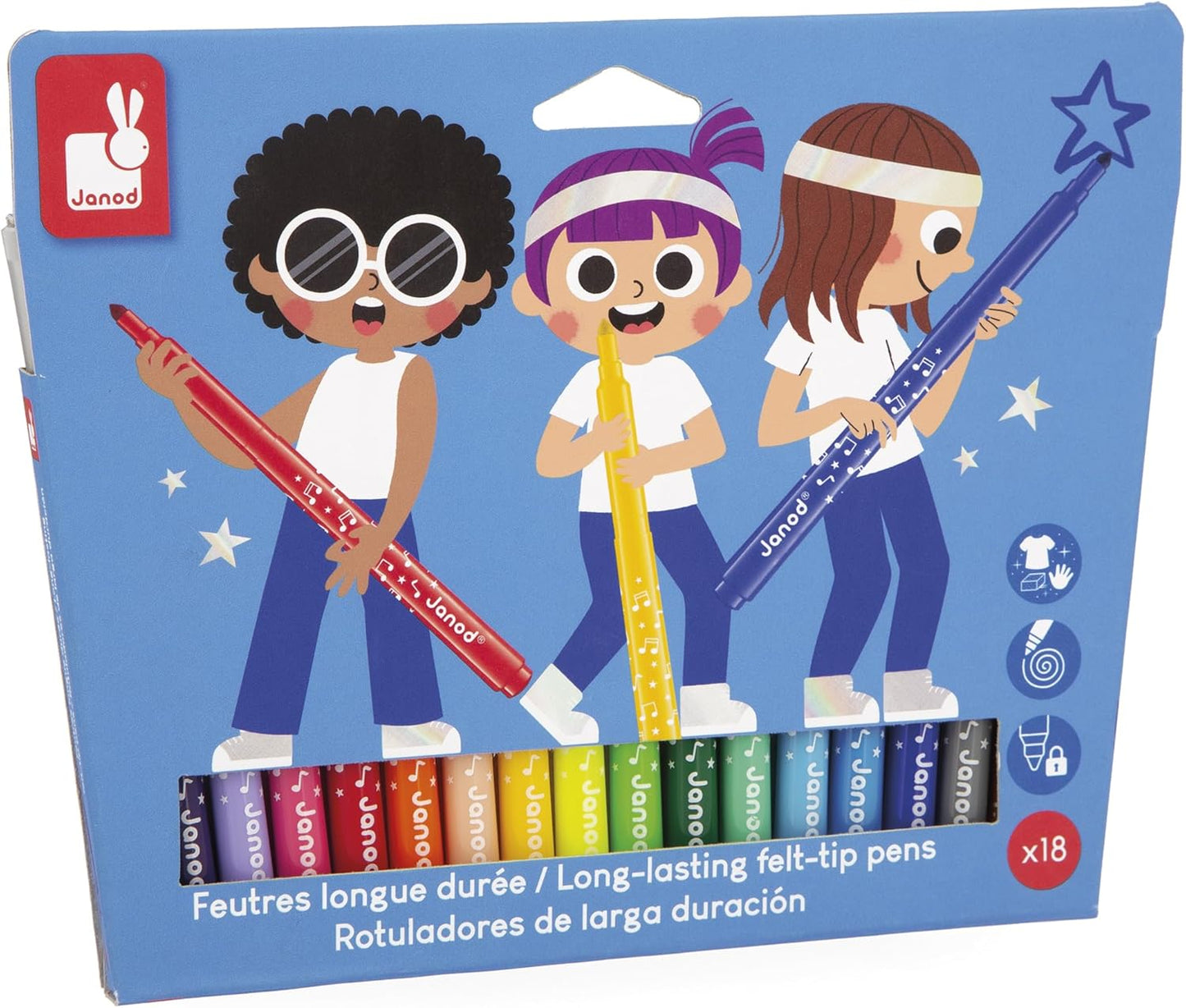 Janod - Canetas hidrográficas de longa duração - Ponta travada e cônica para diferentes espessuras de linha - Tinta lavável - Hobbies e artesanato criativos - Idades 3+