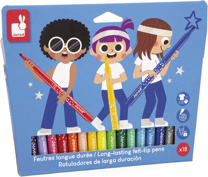 Janod - Canetas hidrográficas de longa duração - Ponta travada e cônica para diferentes espessuras de linha - Tinta lavável - Hobbies e artesanato criativos - Idades 3+