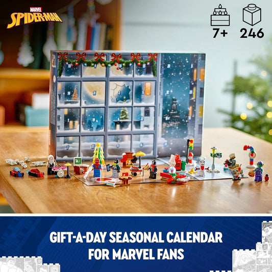 LEGO Calendário do Advento Marvel Spider-Man 2024, brinquedo de contagem regressiva de Natal para crianças, com 24 surpresas de super-heróis, incluindo 5 minifiguras, presente festivo para meninos e meninas de 7 anos ou mais 76293