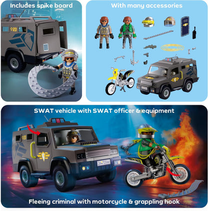 Playmobil Veículo da SWAT City Action, com Policial, Motocicleta do Criminoso e Faixa de Pregos, Brinquedo Infantil para Maiores de 4 Anos, 72066