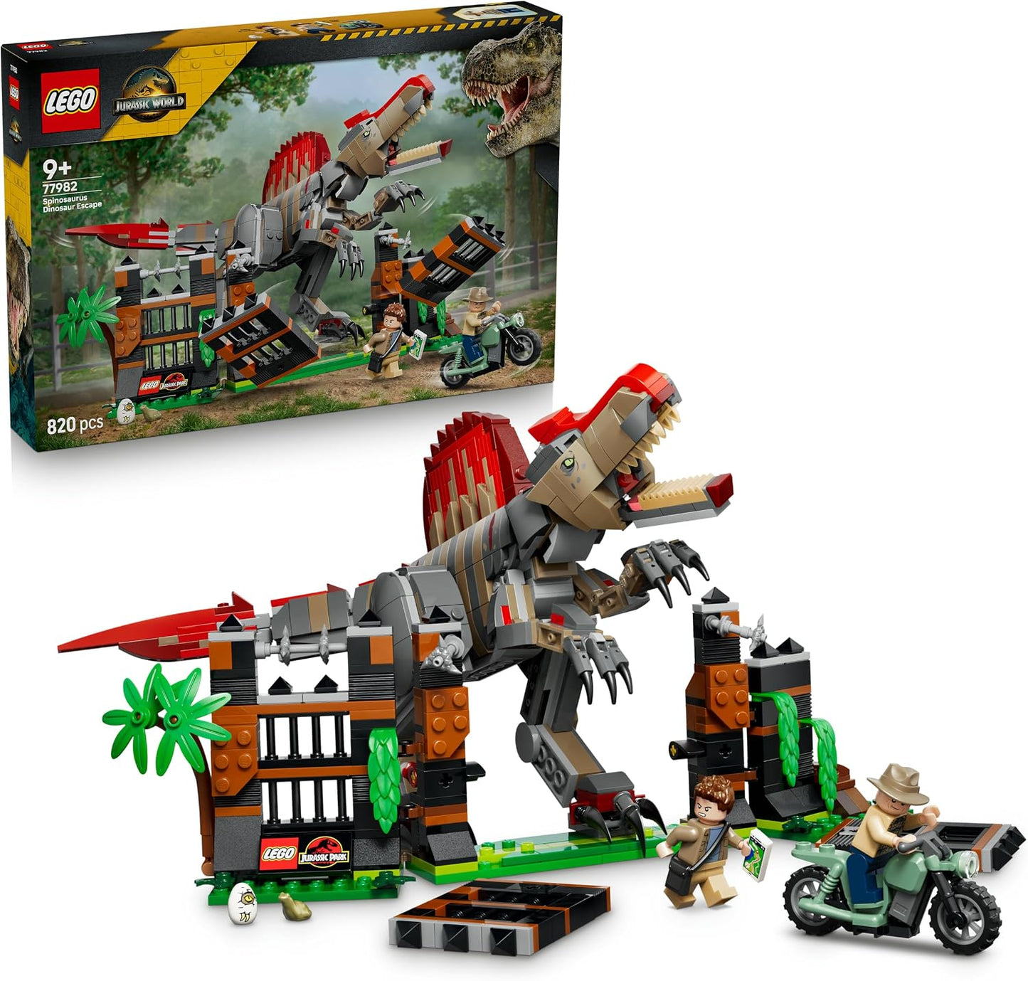 LEGO Jurassic World Fuga do Dinossauro Espinossauro – Brinquedo Interativo com Figura de Dinossauro, Moto e 2 Minifiguras – Presente de Aniversário para Meninos e Meninas a partir de 9 Anos – 77982
