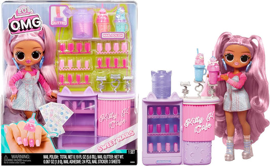 LOL Surprise OMG Sweet Nails - Kitty K Café - com 15 surpresas, incluindo esmalte de verdade, unhas prensadas, folhas de adesivos, glitter, 1 boneca fashion e muito mais - ótimo para crianças a partir de 4 anos