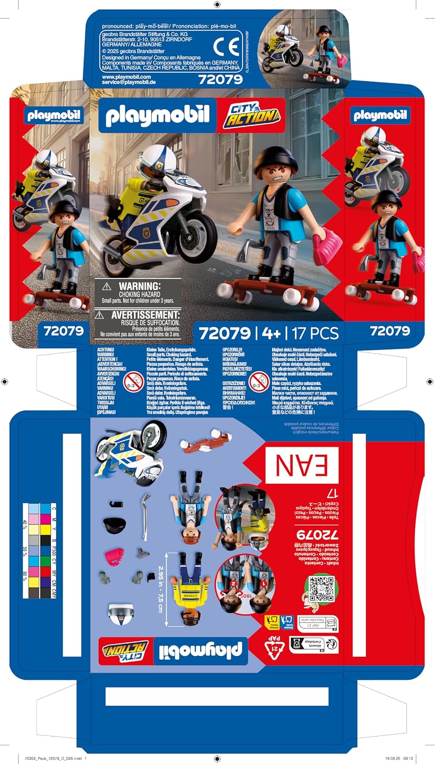 Playmobil City Action Perseguição Policial de Moto, Policial persegue ladrão de longboard, Estimula a criatividade, Brinquedo infantil para crianças a partir de 4 anos, 72079