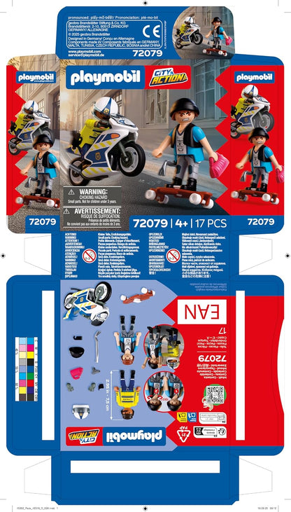Playmobil City Action Perseguição Policial de Moto, Policial persegue ladrão de longboard, Estimula a criatividade, Brinquedo infantil para crianças a partir de 4 anos, 72079