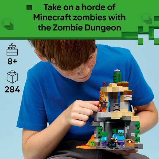 LEGO Minecraft Masmorra Zumbi - Brinquedo Interativo com Minifigura de Andarilho, 3 Figuras de Zumbis, Slime e Mesa de Artesanato - Presente Gamer para Meninos e Meninas a partir de 8 Anos - 21587