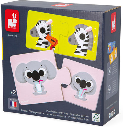 Janod - Opposites Puzzle - 12 Cardboard 2-Piece Puzzles - Educational Game - Fine Motor Skills and Concentration - FSC Product and Vegetable Inks - Made in France - Ages 2 +