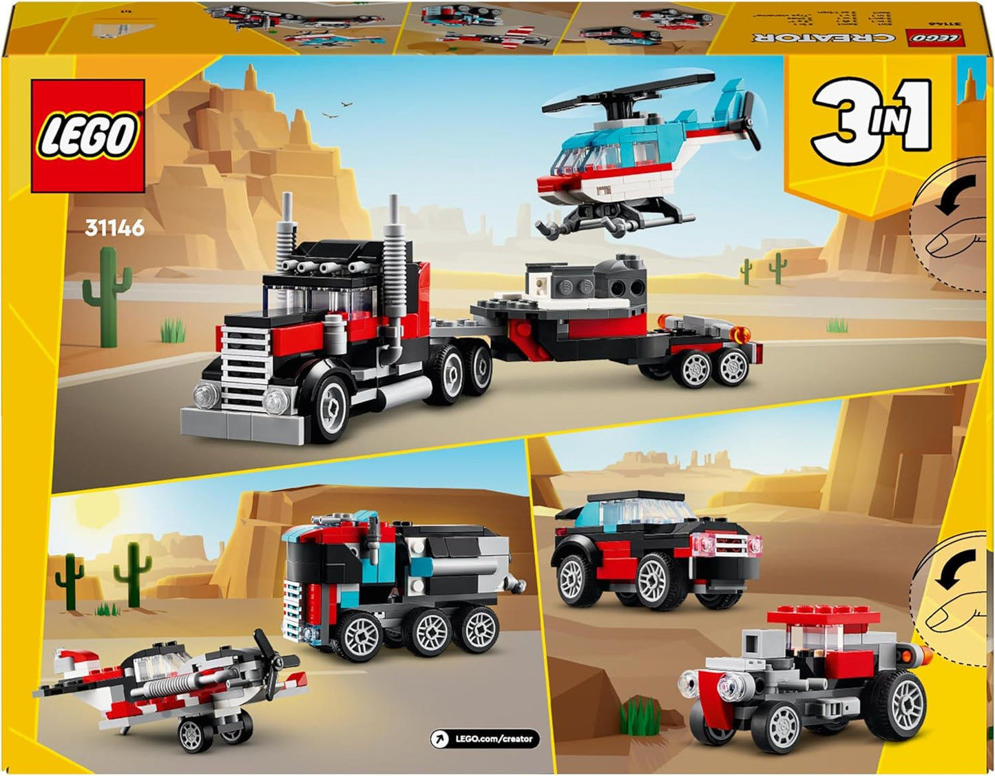 LEGO Criador de caminhão-plataforma 3 em 1 com brinquedo de helicóptero para avião a hélice e caminhão de combustível para brinquedos Hot Rod e carros SUV para meninos, meninas e crianças de mais de 7 anos que amam veículos legais, ideia de presente 31146