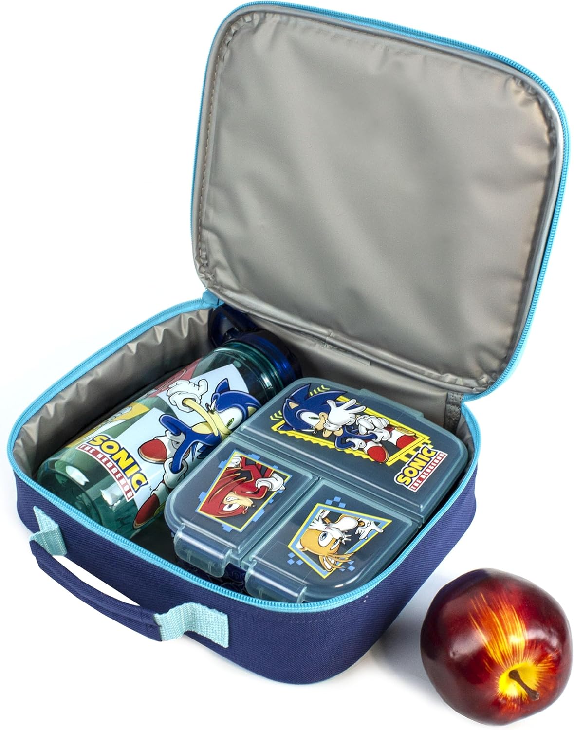 SONIC THE HEDGEHOG Conjunto de lancheira para crianças | Saco de comida escolar para crianças Garrafa de água sem BPA 580ML e pote de lanche | Personagens de Knuckles Tails Amy Rose