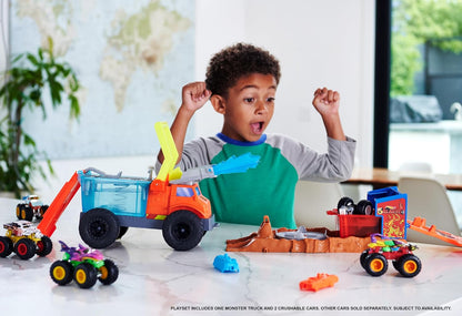 Hot Wheels Monster Trucks Arena Smashers Color Shifters Resgate de 5 Alarmes com 1 Monster Truck Color Shifter, 2 Carrinhos Destrutíveis e 1 Caminhão Semirreboque Destacável, HPN73