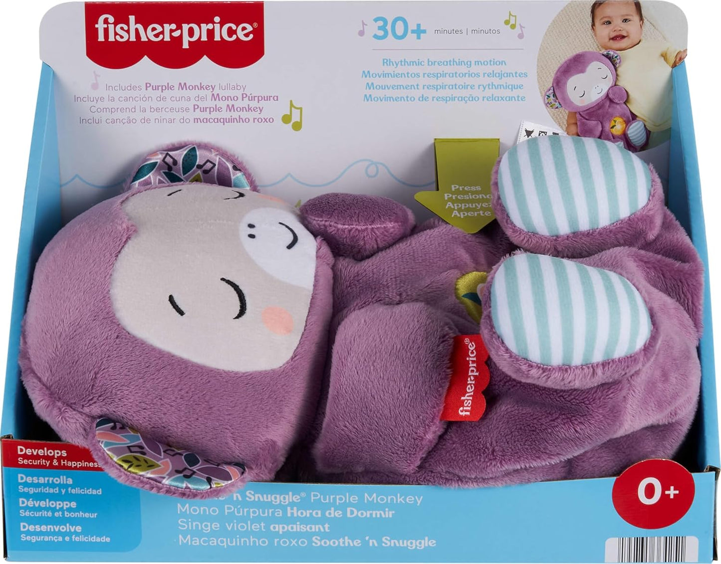 Fisher-Price Brinquedo para Bebê Soothe ‘n Snuggle Macaco de Pelúcia Roxo com Sons Sonoros, Movimentos de Respiração e Luzes para Recém-Nascidos a partir de 0 Meses, JLH41