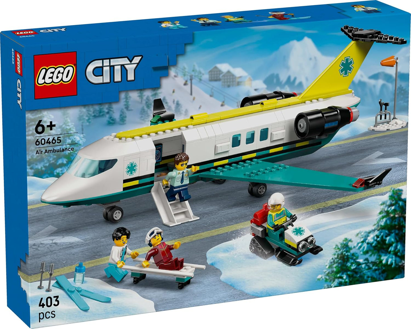 LEGO City - Avião de brinquedo com ambulância aérea de emergência - Modelo de avião médico - 3 minifiguras incluindo um médico e um piloto, além de uma motoneve, maca e ferramentas, presente para meninos a partir de 6 anos - 60465