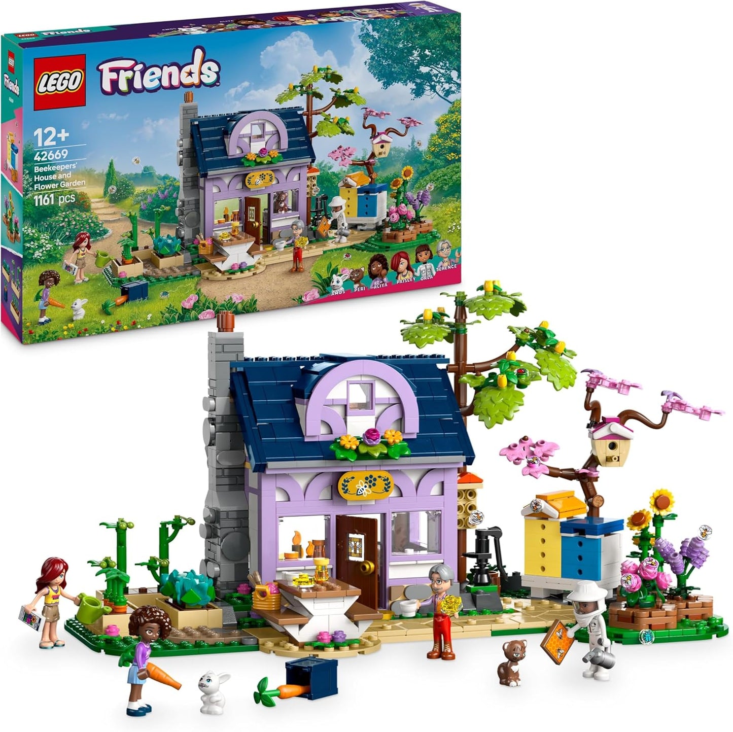 LEGO Conjunto de casa de apicultores e jardim de flores Friends, brinquedo criativo para crianças e adolescentes, com 4 minibonecas, figuras de animais de gato e coelho, além de acessórios