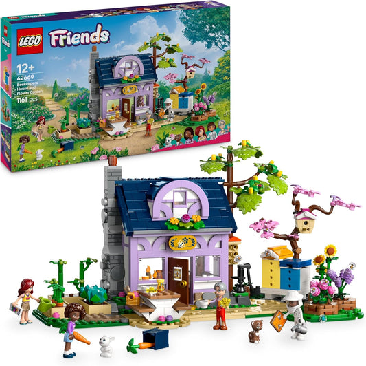 LEGO Conjunto de casa de apicultores e jardim de flores Friends, brinquedo criativo para crianças e adolescentes, com 4 minibonecas, figuras de animais de gato e coelho, além de acessórios