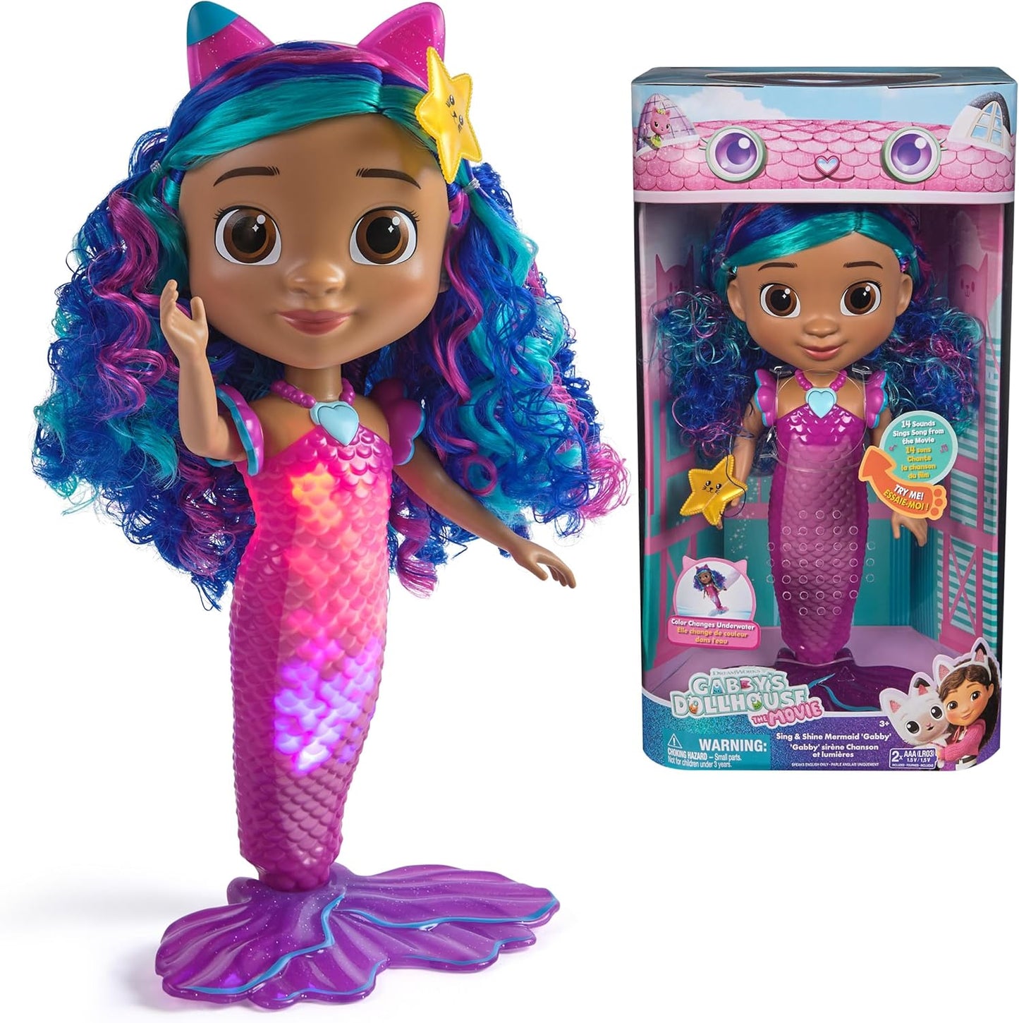 Gabby's Dollhouse: Filme, Sereia Gabby Canta e Brilha, Boneca Sereia à Prova d'Água com Luzes e Sons, Brinquedo Infantil para Meninas e Meninos a partir de 3 Anos