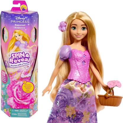 Mattel Conjunto de Boneca Disney Princess Rapunzel "Gira e Revela" com 11 Surpresas (incluindo 5 acessórios, 5 adesivos e cenário), inspirado no filme, HTV86