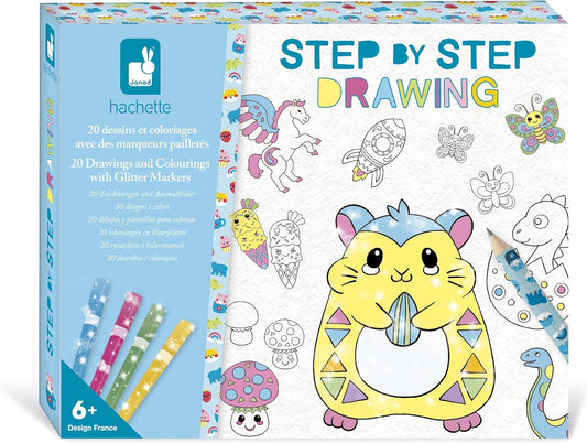 Janod - Desenho Passo a Passo - Aprenda a desenhar - 20 Modelos + Canetas Hidrográficas Glitter - Jogo de Aprendizagem - Aprendendo a desenhar e se concentrar - A partir dos 6 anos - J09157