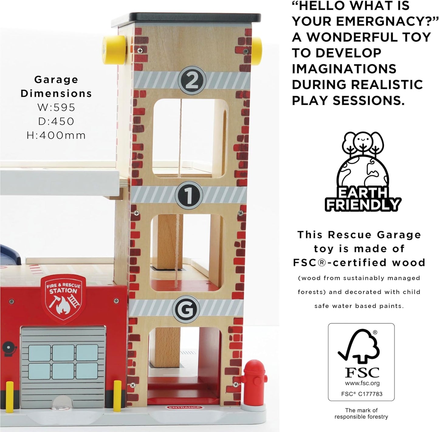 Le Toy Van TV453 Conjunto de carro de garagem de incêndio e resgate de madeira de 3 andares, brinquedos de dramatização de veículo, adequado para mais de 36 meses, universal