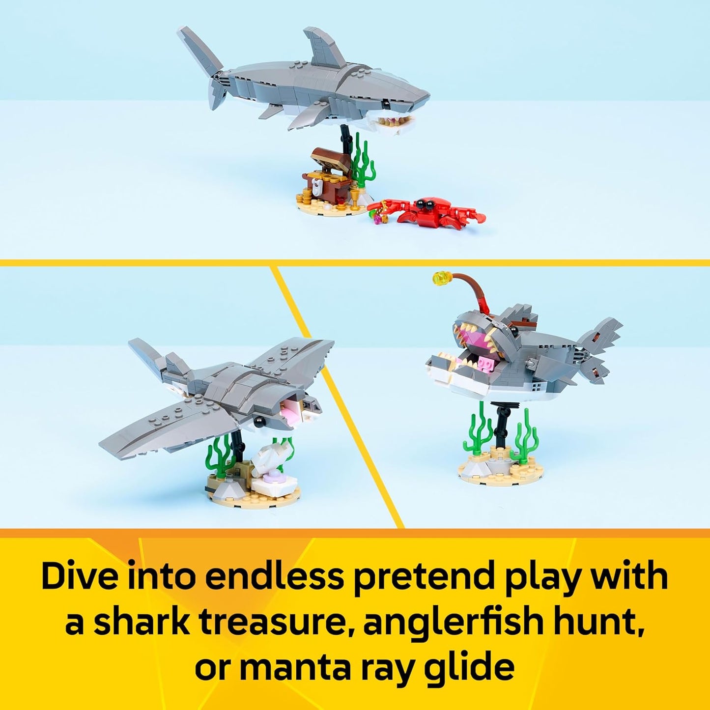 LEGO Creator 3 em 1 Tubarão Feroz com Baú do Tesouro - Figura de Animal Marinho que se Transforma em Peixe-diabo ou Arraia-manta - Ideia de Decoração para Quarto de Meninos e Meninas a partir de 8 Anos - 31381