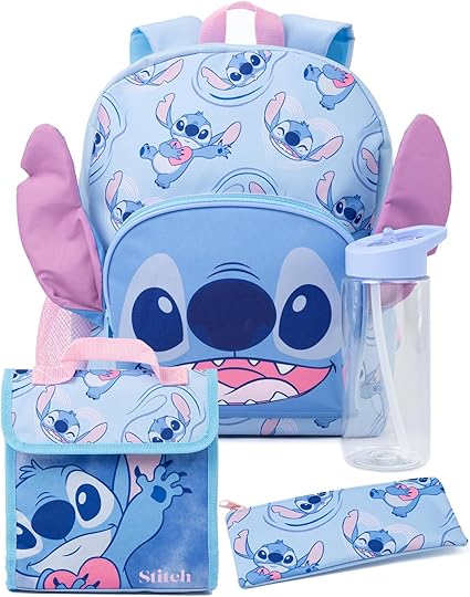 Disney Mochila para meninas Lilo e Stitch | Produtos de personagens alienígenas para crianças Mochila escolar com orelhas 3D Estojo para lápis e garrafa de água | Presentes para bolsas de volta às aulas