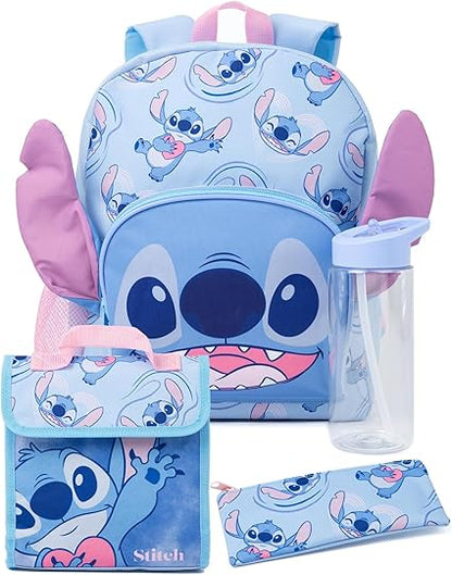 Disney Mochila para meninas Lilo e Stitch | Produtos de personagens alienígenas para crianças Mochila escolar com orelhas 3D Estojo para lápis e garrafa de água | Presentes para bolsas de volta às aulas
