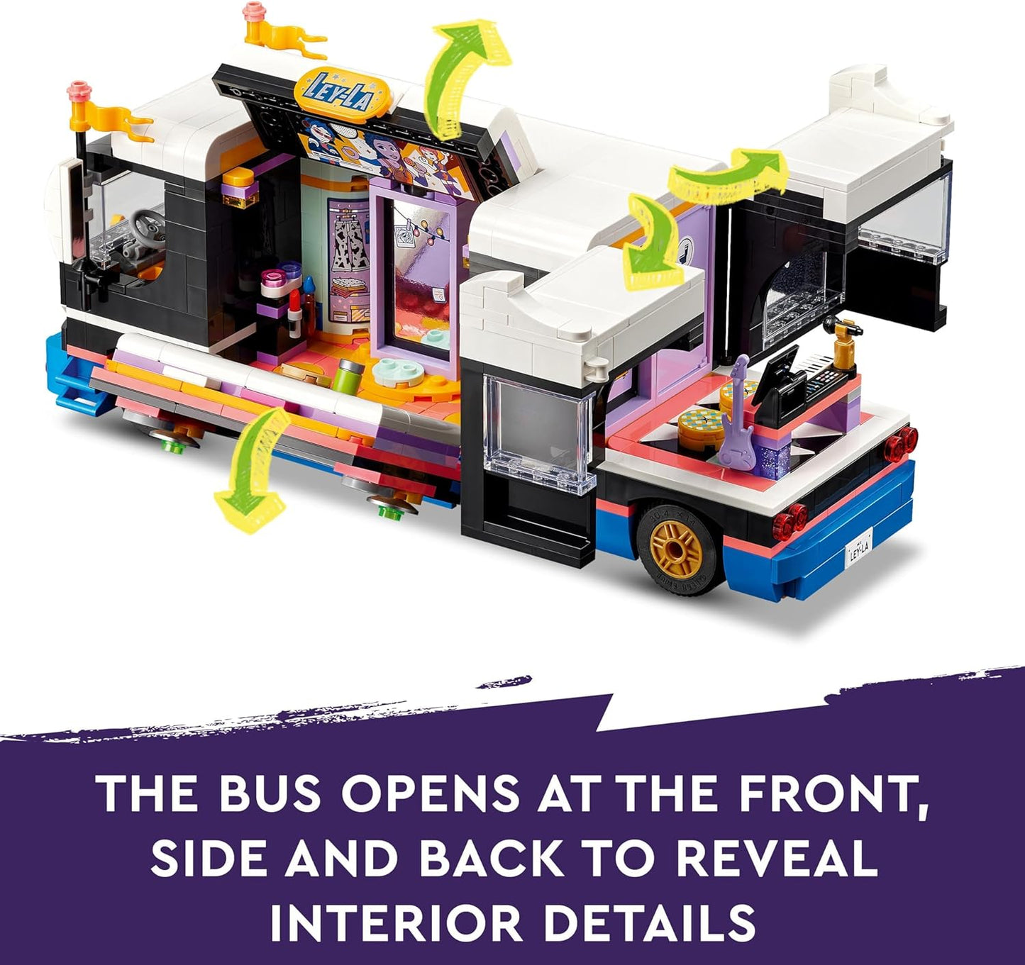 LEGO Brinquedo de ônibus de turismo musical Friends Pop Star para meninas, meninos e crianças de 8 anos ou mais, kit de construção de veículos com 4 personagens minibonecas para aventuras musicais, ideia de presente 42619