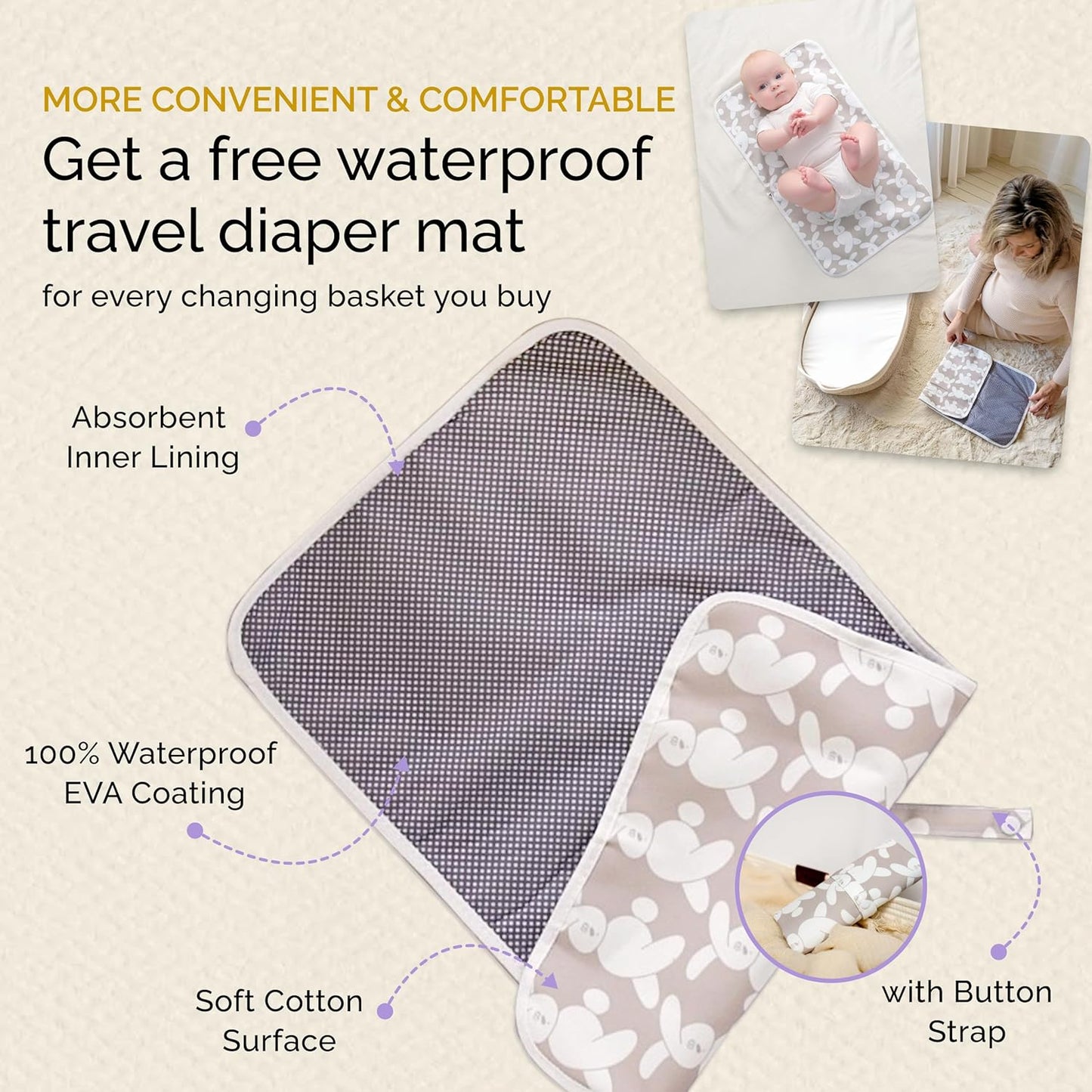Yunioo Baby Changing Basket com trocador macio e portátil para cômoda e trocador, itens essenciais para recém-nascidos – marrom