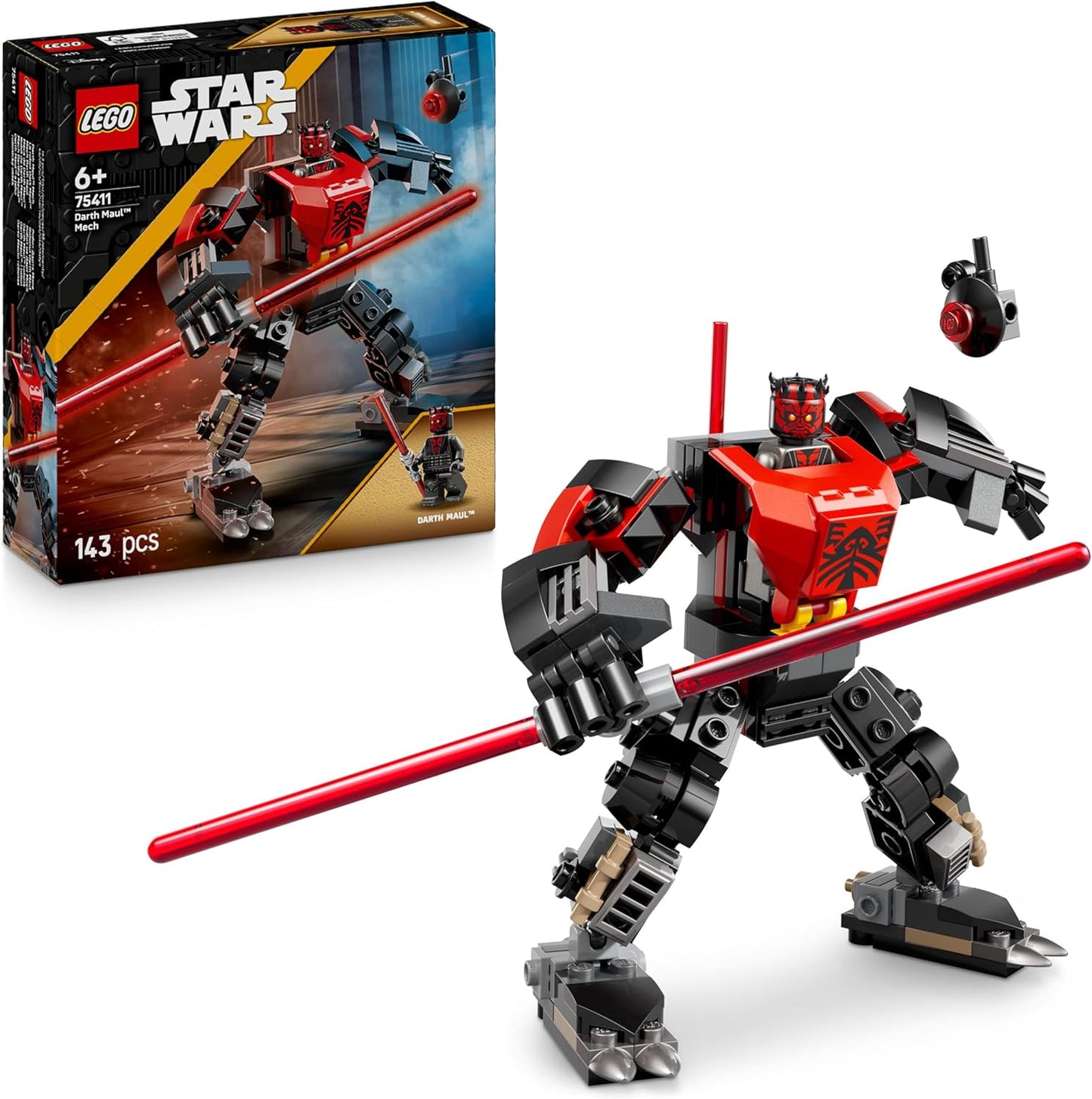 LEGO Star Wars: The Clone Wars Darth Maul, brinquedo de construção robô para meninos, meninas, fãs e amantes da fantasia a partir de 6 anos, ideia de presente para crianças, inclui um grande sabre de luz vermelho de lâmina dupla 75411