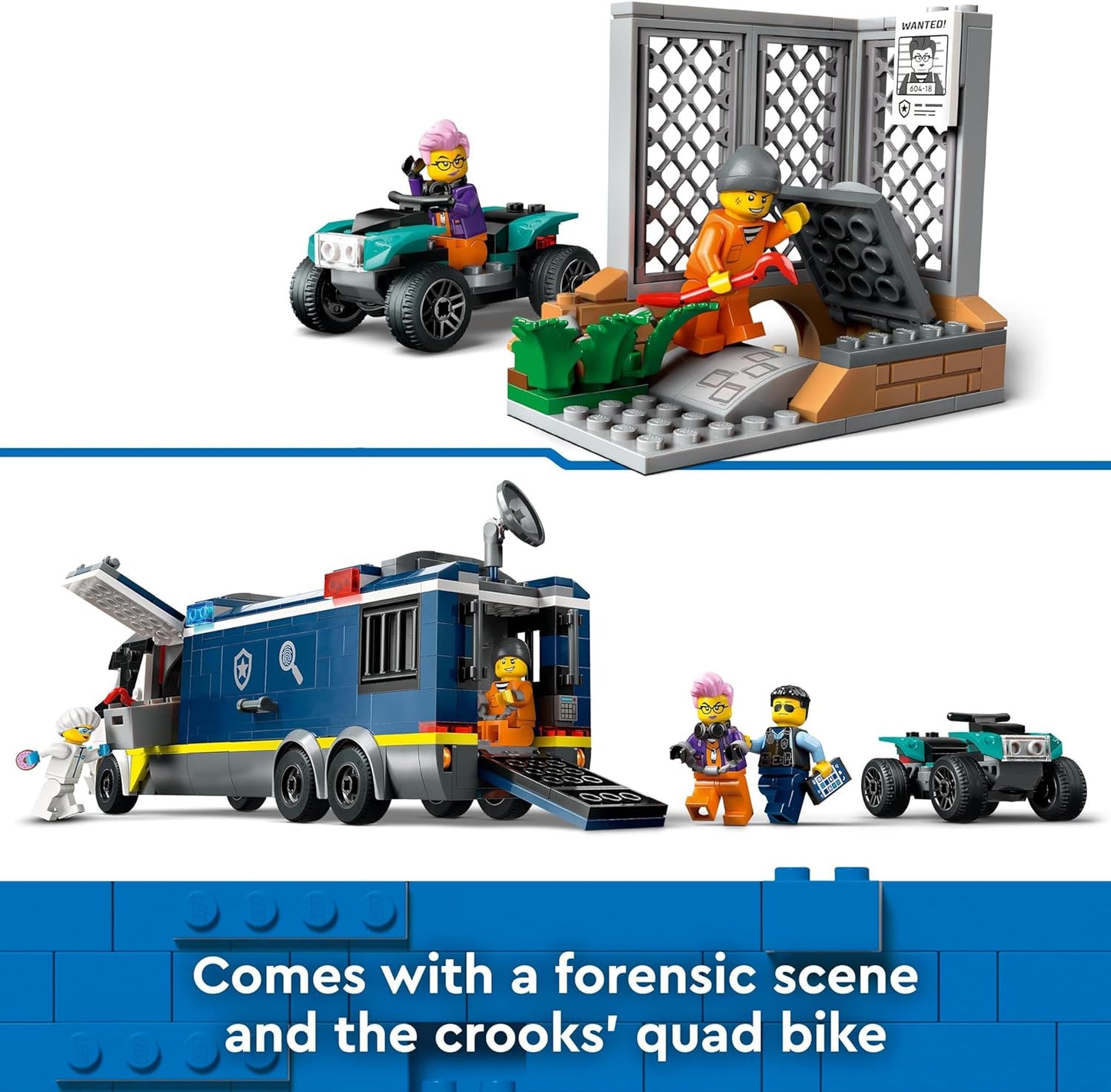LEGO Brinquedo de caminhão de laboratório criminal móvel da polícia da cidade para meninos, meninas e crianças de 7 anos ou mais, conjunto de veículos com quadriciclo, 2 oficiais, 1 cientista e 2 minifiguras de bandido para brincadeiras