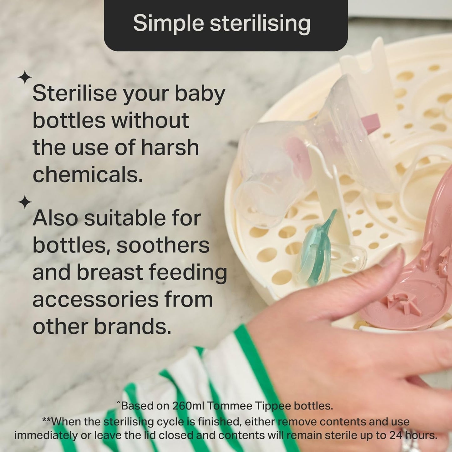 Tommee Tippee Esterilizador a vapor para micro-ondas para mamadeiras, chupetas, bombas de leite materno e acessórios de alimentação. Elimina vírus e 99,9% das bactérias nocivas. Ciclo de esterilização de 4 minutos.