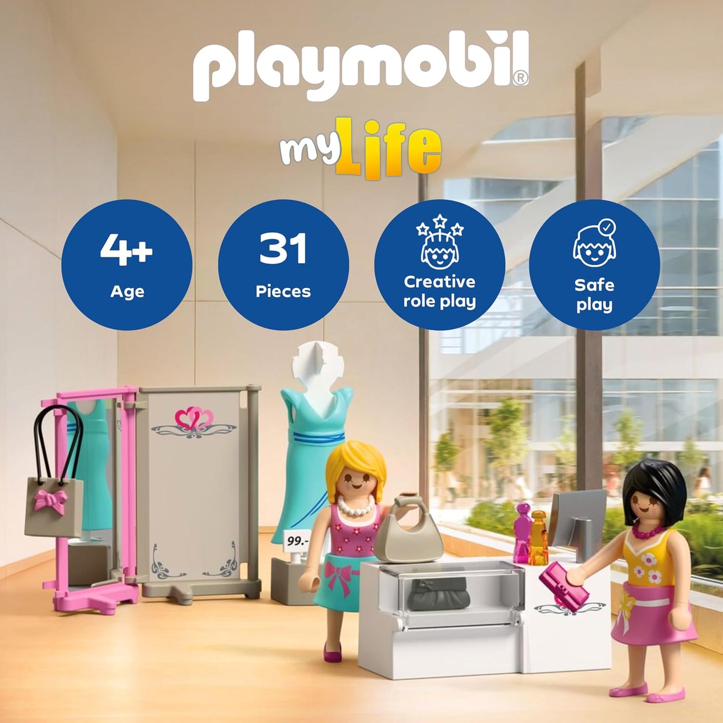 Playmobil MyLife Boutique de Moda, 2 figuras com manequim e balcão de atendimento, estimula a criatividade, brinquedo infantil para crianças a partir de 4 anos, 72081