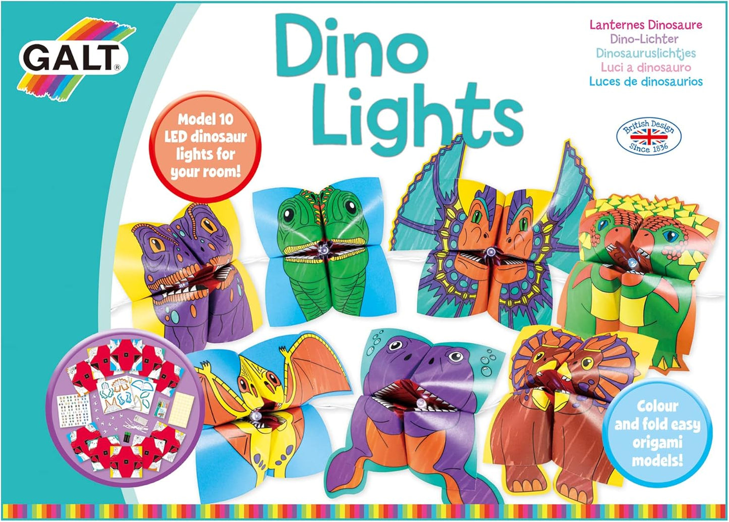 Galt Toys Dino Lights Origami LED Dinosaur Creative Craft Kit, Galt, Luzes de Fada, Kits de Artesanato para Crianças, Idades 5 Anos Acima, Médio, Galt Luzes de Flores - Conjunto de Artesanato e Artesanato Infantil Creative Cases
