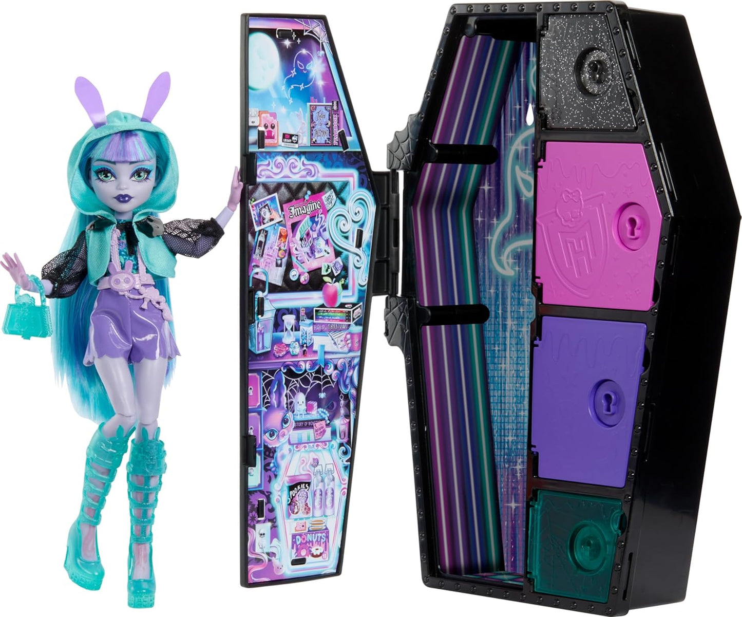 Muñeca Monster High y set de moda, muñeca Twyla, Skulltimate Secrets: Neon Frights, vestidor con más de 19 sorpresas, HNF82