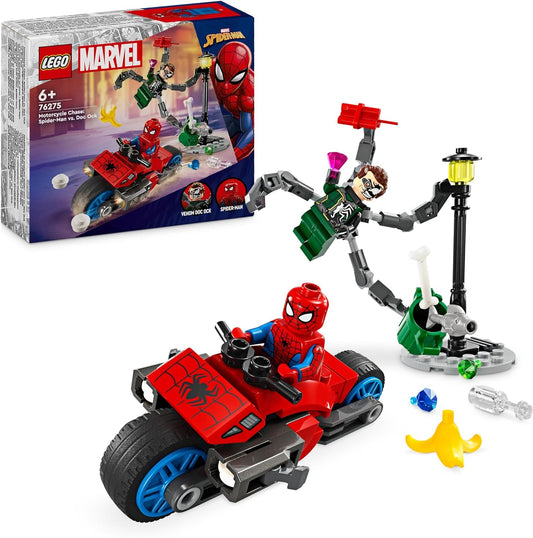 Persecución en motocicleta LEGO Marvel: Spider-Man vs. Doc Ock, juguete de construcción de motocicletas para niños, niños y niñas a partir de 6 años con Stud Blasters, Web Shooters y 2 minifiguras incl. Araña, regalos de superhéroe 76275