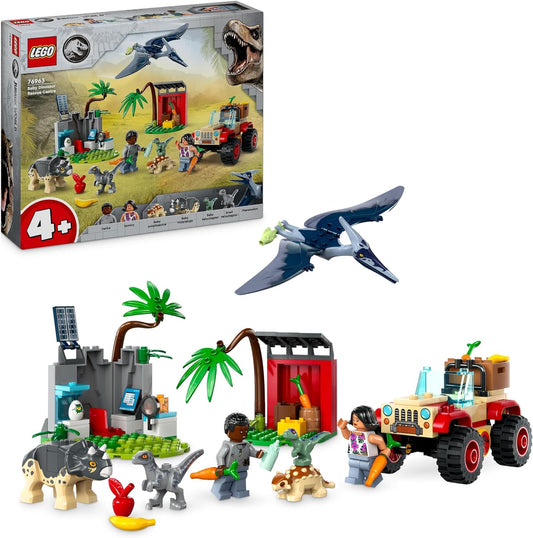 LEGO Jurassic World Baby Dinosaur Rescue Center Toy para crianças, Mini Triceratops, Ankylosaurus e Velociraptor Dino Figure Toys, presentes para meninos e meninas de 4 anos ou mais 76963