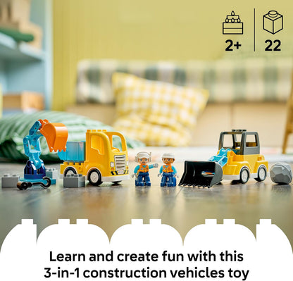 LEGO DUPLO 3 em 1 Veículos de Construção - Brinquedo Educativo Montessori para Crianças com Caminhões, Escavadeira e Pá Carregadeira - Ideia de Presente de Aniversário para Meninos e Meninas a partir de 2 Anos - 10475