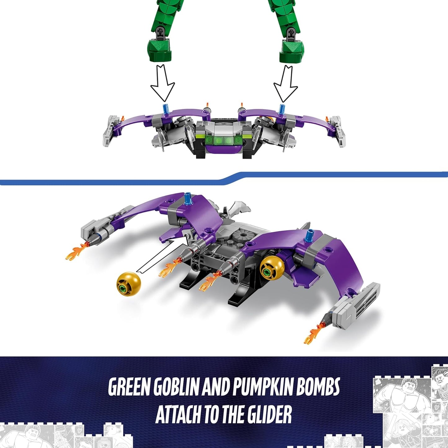 LEGO Marvel's Figura de construcción del Duende Verde, juguete de construcción de supervillano articulado para niños, niños y niñas a partir de 8 años, con planeador y bombas de calabaza, idea de regalo de superhéroe 76284