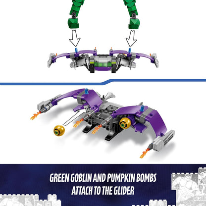 LEGO Marvel's Figura de construcción del Duende Verde, juguete de construcción de supervillano articulado para niños, niños y niñas a partir de 8 años, con planeador y bombas de calabaza, idea de regalo de superhéroe 76284