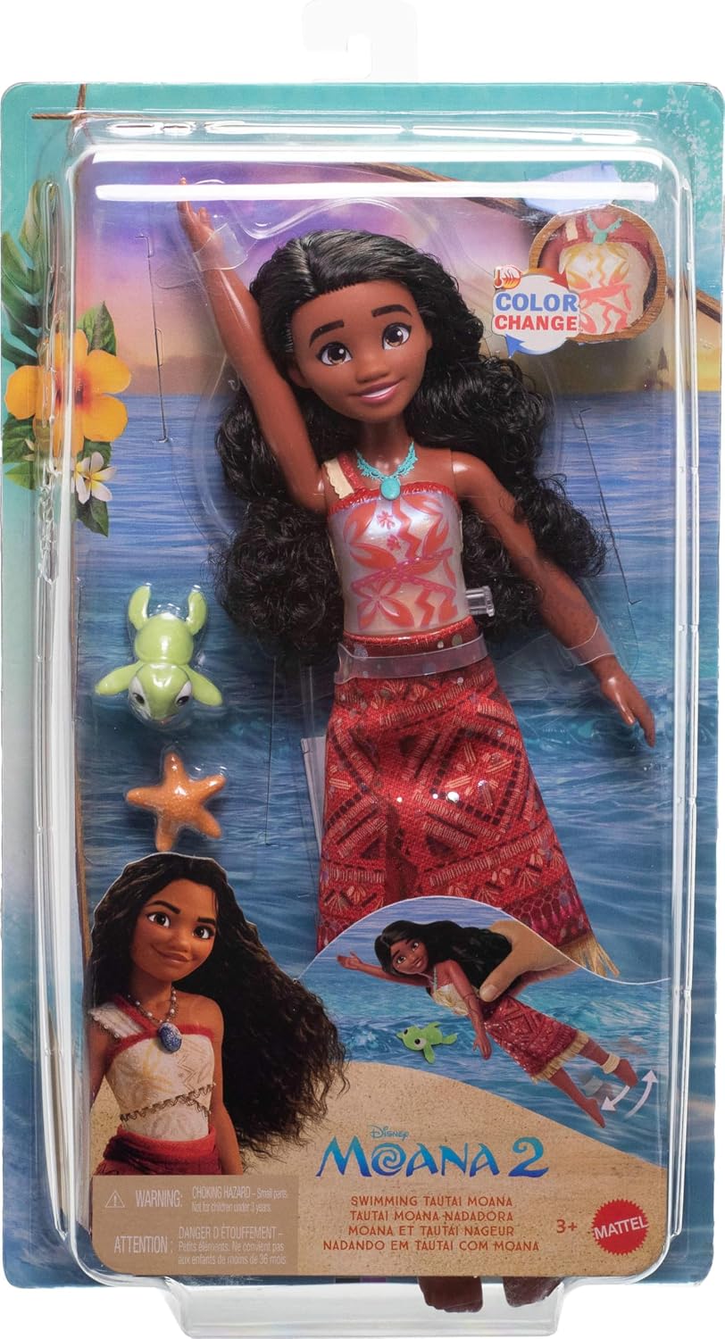 Mattel Boneca Disney Moana 2 Tautai Moana (Versão Aquática) com Acessórios | Boneca Moana com Traje Característico, Corpete que Muda de Cor, Pernas que se Movem (Movimento de Natação) e Amigo Animal – Inspirada no Filme, JFF08