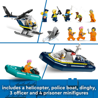 LEGO Brinquedo da Ilha da Prisão da Polícia Municipal para meninos, meninas e crianças com mais de 7 anos, conjunto de veículos de emergência com helicóptero, barco, 7 minifiguras, figuras de cachorro e tubarão para brincadeiras