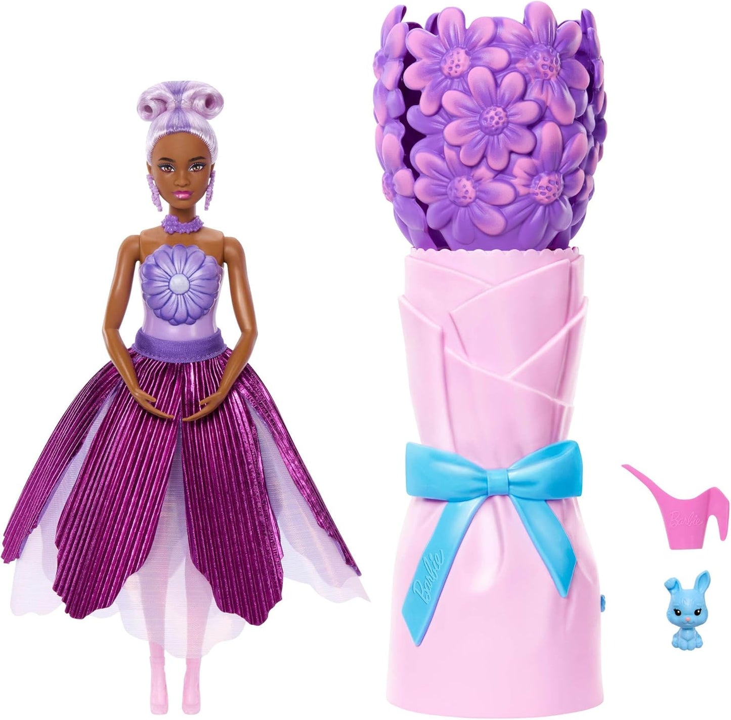 Barbie Petal Pop Boneca Perfumada com Vestido Floral Roxo e Acessórios, Revelação de Buquê com Coelhinho de Estimação e Surpresas como Regador, Colar e Brincos, JMF58