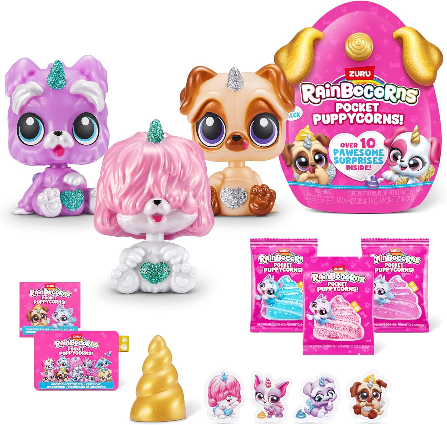 Rainbocorns Pocket Puppycorns, Brinquedo Surpresa Colecionável para Filhotes, Estatueta de Filhote em Miniatura, Brinquedo Fofo para Filhotes (Pacote com 3)