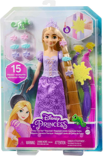 Boneca Rapunzel Disney Princess com apliques de cabelo que mudam de cor e acessórios de penteado