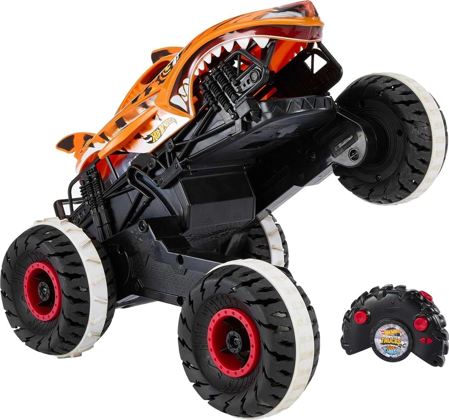 Hot Wheels Monster Trucks HGV87, Tubarão Tigre Imparável com Pneus Tread Attack e Tecnologia Terrain Stomp Inclui Controle Remoto 4+ Anos,