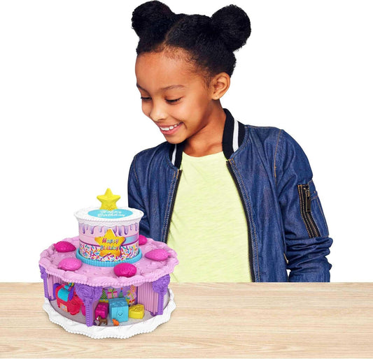 Polly Pocket Contagem regressiva do bolo de aniversário GYW06 para a semana de aniversário, formato e pacote de bolo de aniversário, 7 áreas de lazer, 25 surpresas, multicolorido, 10,16 cm * 18,66 cm * 18,66 cm