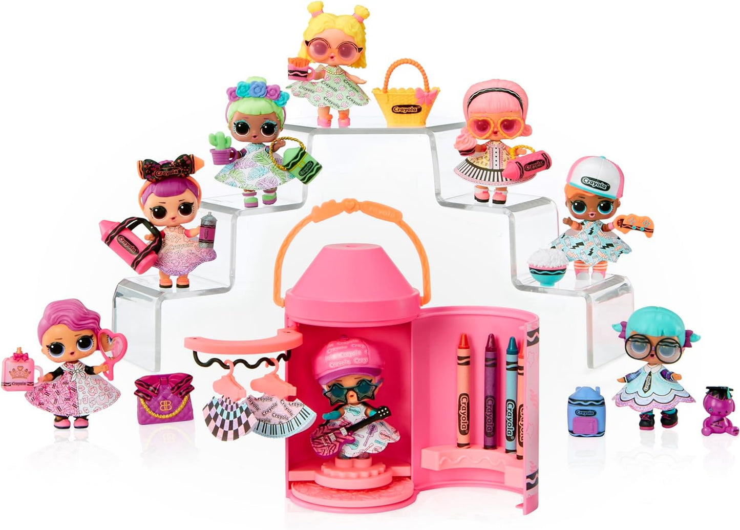 LOL Surprise Loves CRAYOLA - Color Me Studio com tot colecionável - Mais de 30 surpresas, incluindo boneca, vestidos de papel e 4 giz de cera - Playset Art Studio em embalagem de cápsula de giz de cera - Para crianças de 3 anos ou mais
