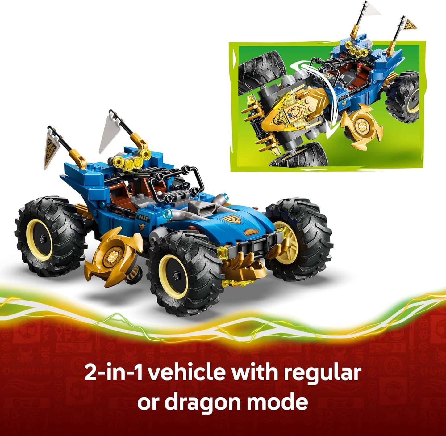LEGO NINJAGO 2 em 1 Carro Transformável do Jay - Caminhão Ninja com 5 Minifiguras, incluindo Kai e Nya, além de Shurikens e Espadas - Presente de Aniversário para Meninos e Fãs a partir de 8 Anos - 71856