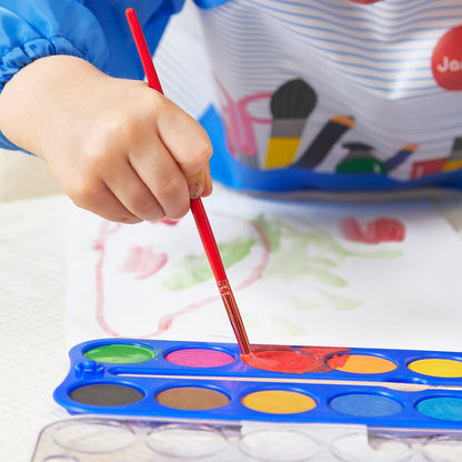 Janod - Pincéis - 4 tamanhos diferentes - Pincéis, Janod - Tintas para dedos para bebês a partir de 1 ano, Janod - Paleta de tinta à base de água - 12 almofadas e pincel, Janod - Avental de pintura infantil a partir de 18 meses