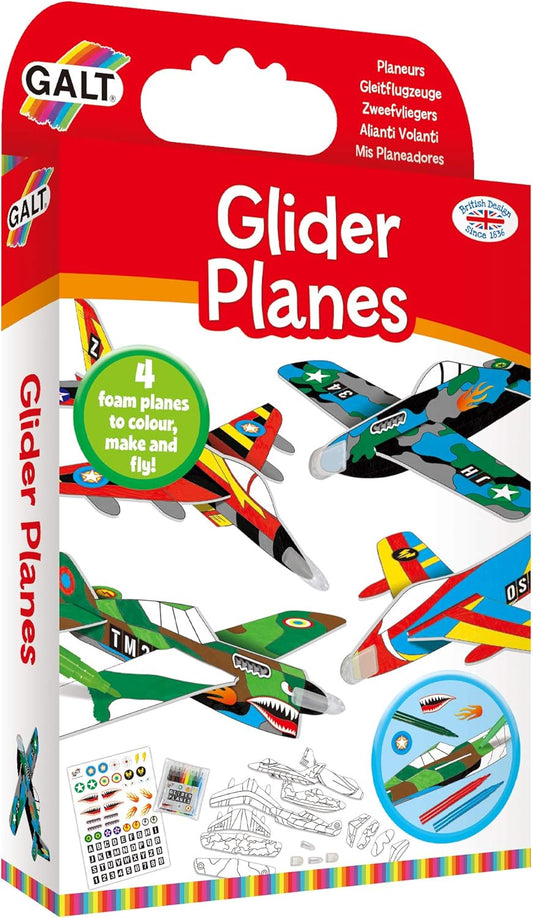 Galt Glider Planes - Kit de artesanato com 4 aviões de espuma para crianças colorirem, construírem e voarem. 8 canetas laváveis, adesivos e guia. Pacote de atividades divertidas de artes e ofícios para crianças, para meninas e meninos.