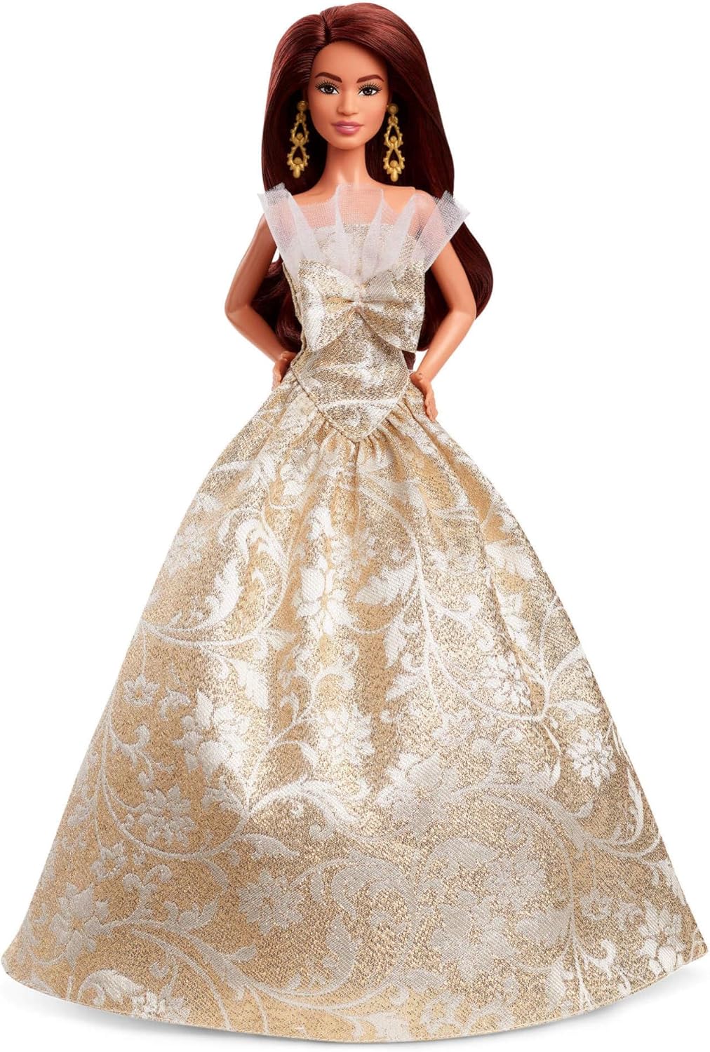 Barbie Signature, Boneca Fashion de Cabelo Preto para as Festas de Fim de Ano de 2025, Vestindo Vestido Prateado e Dourado, Brinquedo Colecionável Sazonal em Embalagem Exibível, JBJ01